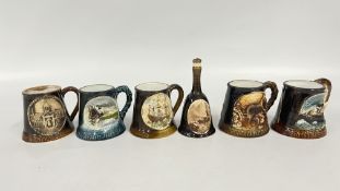 A GROUP OF 5 YARMOUTH POTTERY MUGS + A YARMOUTH POTTERY BELL.