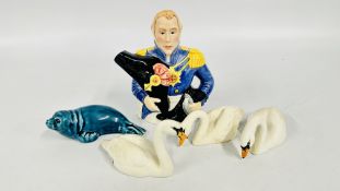 A GROUP OF THREE BESWICK SWANS, POOLE SEAL PUP, LEONARDO JUG.