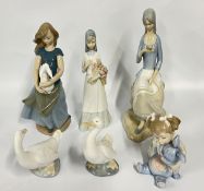 A GROUP OF FIGURINES TO INCLUDE LLADRO AND VALENCIA EXAMPLES + 2 NAO GEESE STUDIES.