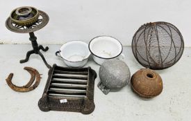 A GROUP OF VINTAGE COLLECTABLE METAL BYGONES TO INCLUDE CAR-BOOT SCRAPER, CAST TRIVET STAND,