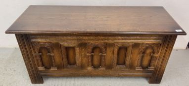 VINTAGE OLD CHARM CARVED COFFER, W 114, D 44, H 52CM.