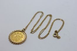 AUSTRIAN ONE DUCAT GOLD COIN (1915 RESTRIKE) ENCAPSULATED IN 9CT GOLD PENDANT MOUNT STRUNG FROM A