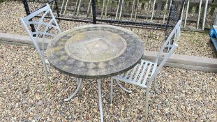 BISTRO STYLE GARDEN TABLE SET, THE TABLE WITH A COMPOSITE TOP.