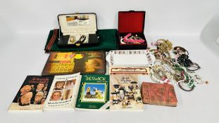 BOX OF ASSORTED COSTUME JEWELLERY, REFERENCE BOOKS, CARD GAMES, CARD TRAY, GAMES ETC.
