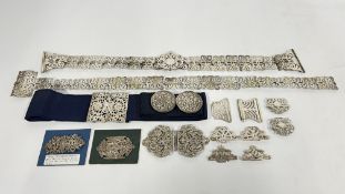 A GROUP OF SILVER PLATED AND WHITE METAL VINTAGE NURSES BUCKLES AND BELTS, SOME EASTERN DESIGN.