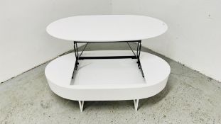 A MODERN DESIGNER WHITE HIGH GLOSS OVAL COFFEE / OCCASIONAL TABLE, L 116 X W 56 X H 36CM.