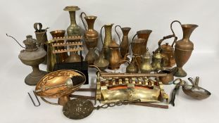 THREE BOXES OF ASSORTED METAL WARES TO INCLUDE COPPER AND BRASS VASES, OIL LAMP BASE, EWERS, ETC.