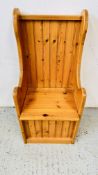 CHILD PINE PEW CHAIR WITH CUPBOARD SEAT.