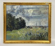 FRAMED OIL ON BOARD DEPICTING A LOCAL COUNTRY SCENE GRAZING CATTLE BEARING SIGNATURE CHATTEN,