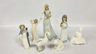 A GROUP OF 8 ASSORTED FIGURES AND ORNAMENTS TO INCLUDE ROYAL DOULTON AND LLADRO EXAMPLES.