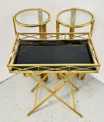 A PAIR OF GILT FINISH OCCASIONAL STANDS + A SIMILAR FOLDING TRAY STYLE OCCASIONAL TABLE.