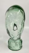 A VINTAGE CLEAR GREEN GLASS MANNEQUIN HEAD, H 30CM.