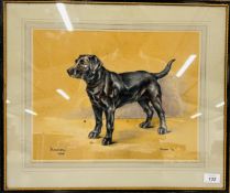 MARJORIE COX SIGNED PASTEL PAINTING OF A BLACK LABRADOR CALLED RACHEL, DATED 1942, 29.5CM X 38.