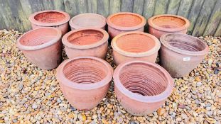 GROUP OF TEN SALT GLAZED STONEWARE GARDEN POTS, LARGEST 27CM TALL.