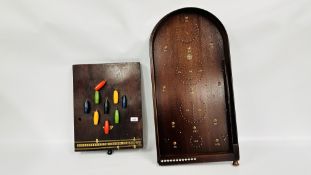 VINTAGE BAGATELLE BOARD WITH BALLS AND VINTAGE AMERSHAM SKITTLE GAME.