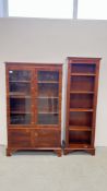 A REPRODUCTION GLAZED DISPLAY CABINET, W 85, D 33, H 142CM + A SIMILAR NARROW BOOKCASE.