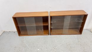 TWO MATCHED MID CENTURY TEAK GLAZED DISPLAY CABINETS, THE LARGEST W 80 X D 24 X H 56CM.