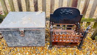 VINTAGE CAST IRON FIREPLACE PLUS A METAL STORAGE BOX.
