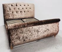 AN IMPRESSIVE CRUSHED VELVET SUPER KING SIZE BED FRAME WITH SCROLLED HEAD AND FOOT FRAME SIZE,