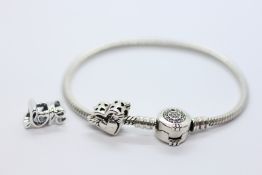 LADIES BRACELET MARKED PANDORA 925 PLUS TWO CHARMS, ONE MARKED PANDORA 925.