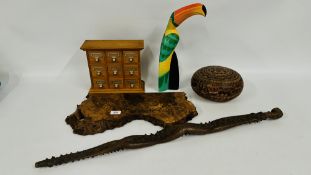 GROUP OF COLLECTABLES TO INCLUDE ETHNIC STYLE HEAVILY HAND CARVED WOODEN WALKING STICK,