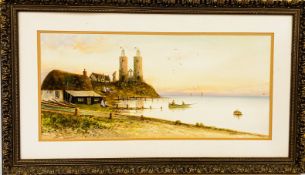 A FRAMED + MOUNTED WATERCOLOUR DEPICTING A COASTAL SCENE SIGNED DANIEL SHERRING (W 78 X H 46CM