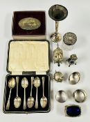 A SILVER SPILL VASE, SILVER TOP DRESSING TABLE JAR, 2 X SILVER NAPKIN RINGS + A WHITE METAL EXAMPLE,