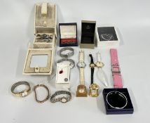 A GROUP OF JEWELLERY AND WRIST WATCHES TO INCLUDE DESIGNER EXAMPLES, MINIATURE COLLECTOR'S CLOCKS,