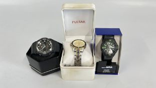3 BOXED DESIGNER MEN'S WRIST WATCHES TO INCLUDE PULSAR KINETIC 100M,