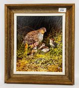 DAVID FEATHER: A GROUP OF PARTRIDGES, OIL ON CANVAS, 29 X 24CM.