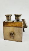 AN ANTIQUE DREW & SON'S LEATHER TRAVEL CASE CONTAINING A PAIR OF GLASS BOTTLES,