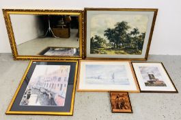 LARGE GILT FRAMED MIRROR 101CM X 70CM + 3 X FRAMED AND MOUNTED PRINTS TO INCLUDE 