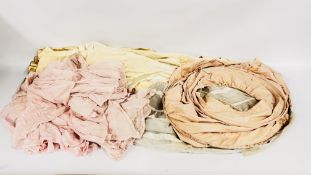 A GROUP OF VINTAGE HAND MADE UNDER GARMENTS AND A VINTAGE SATIN AND BEADED WEDDING DRESS BEARING