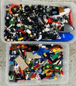 TWO BOXES CONTAINING AN EXTENSIVE QUANTITY OF LEGO AND LEGO TYPE BUILDING BLOCKS AND ACCESSORIES.