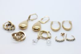 FOUR PAIRS OF 9CT GOLD EARRINGS (ONE PAIR A/F) PLUS 14CT GOLD EARRINGS WITH CRYSTAL DROPS AND 10CT