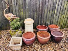 GROUP OF GARDEN POTS AND DECORATIVE EFFECTS TO INCLUDE FIVE SIMILAR SALT GLAZED STONEWARE POTS,