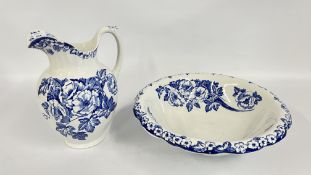 A WADAMS BLUE AND WHITE CHRISTMAS ROSES WASH JUG AND BOWL.