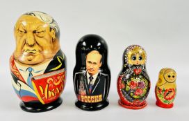 4 X SETS OF RUSSIAN NESTING DOLLS TO INCLUDE EXAMPLES FEATURING CARICATURES.