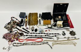 A BOX OF ASSORTED COSTUME JEWELLERY, BEADED AND GOLD TONE NECKLACES,