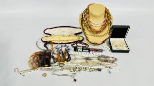 A BOX OF COSTUME JEWELLERY, BEADED NECKLACES, DISPLAY STAND, VARIOUS VINTAGE HAIR COMBS, ETC.