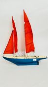 MODEL OF SAILING YACHT, 65CM TALL.