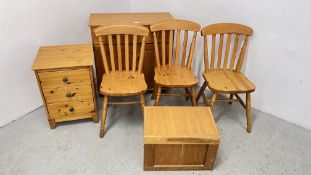 GROUP OF HONEY PINE OCCASIONAL FURNITURE TO INCLUDE TWO DRAWER TWO DOOR CUPBOARD,