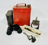 A GROUP OF COLLECTIBLES TO INCLUDE MILITARY CAP BADGES, VINTAGE MILBRO SLINGSHOTO, VINTAGE FUEL CAN,