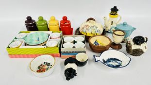 A GROUP OF STUDIO POTTERY TO INCLUDE TEA POT, CHEESE DISH, CUPS AND SAUCERS, EGG CUPS,
