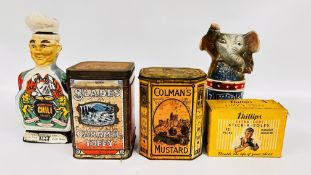 A COLLECTION OF VINTAGE TINS AND CONTAINERS TO INCLUDE COLEMANS, SLADES, ETC.