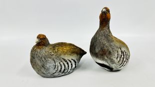 PAIR OF STUDIO POTTERY HAND CRAFTED PARTRIDGE SCULPTURES, ONE BEARING SIGNATURE AND 2012 TO BASE,