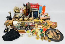 A BOX OF ASSORTED COLLECTIBLES TO INCLUDE ROYAL DOULTON FIGURINE, ETHNIC CARVINGS, TRINKET BOXES,