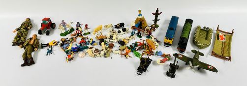 A BOX OF COLLECTABLE TOYS TO INCLUDE VINTAGE PLASTIC FARM ANIMALS AND INIDIANS BRITAINS EXAMPLES,