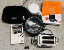 GROUP OF HOUSEHOLD ELECTRICALS TO INCLUDE BOXED SAINSBURYS BASICS SANDWICH TOASTER,