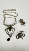 ALCHEMY GOTHIC SPIDER PENDANT ON CHAIN + SILVER SCORPION BROOCH AND SILVER BEETLE BROOCH.